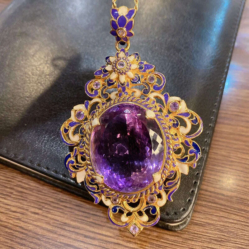New Vintage High Quality Oval Purple Stone Jewelry Sets For Women Luxury Medieval Enamel Hollow Out Big Pendant Necklaces Rings
