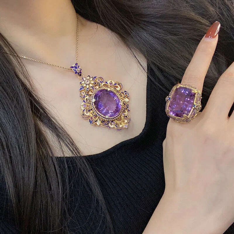 New Vintage High Quality Oval Purple Stone Jewelry Sets For Women Luxury Medieval Enamel Hollow Out Big Pendant Necklaces Rings