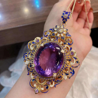 New Vintage High Quality Oval Purple Stone Jewelry Sets For Women Luxury Medieval Enamel Hollow Out Big Pendant Necklaces Rings
