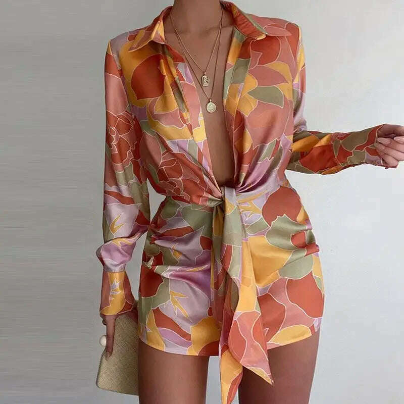 New Women's Sexy V-Neck Long Sleeve Lace Up Short Dress Elegant Chic Women Dresses Formal Occasion Dresses