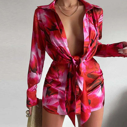New Women's Sexy V-Neck Long Sleeve Lace Up Short Dress Elegant Chic Women Dresses Formal Occasion Dresses