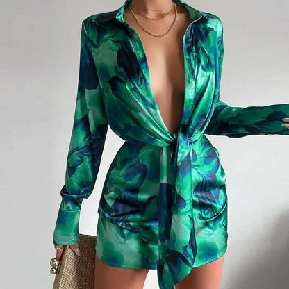 New Women's Sexy V-Neck Long Sleeve Lace Up Short Dress Elegant Chic Women Dresses Formal Occasion Dresses