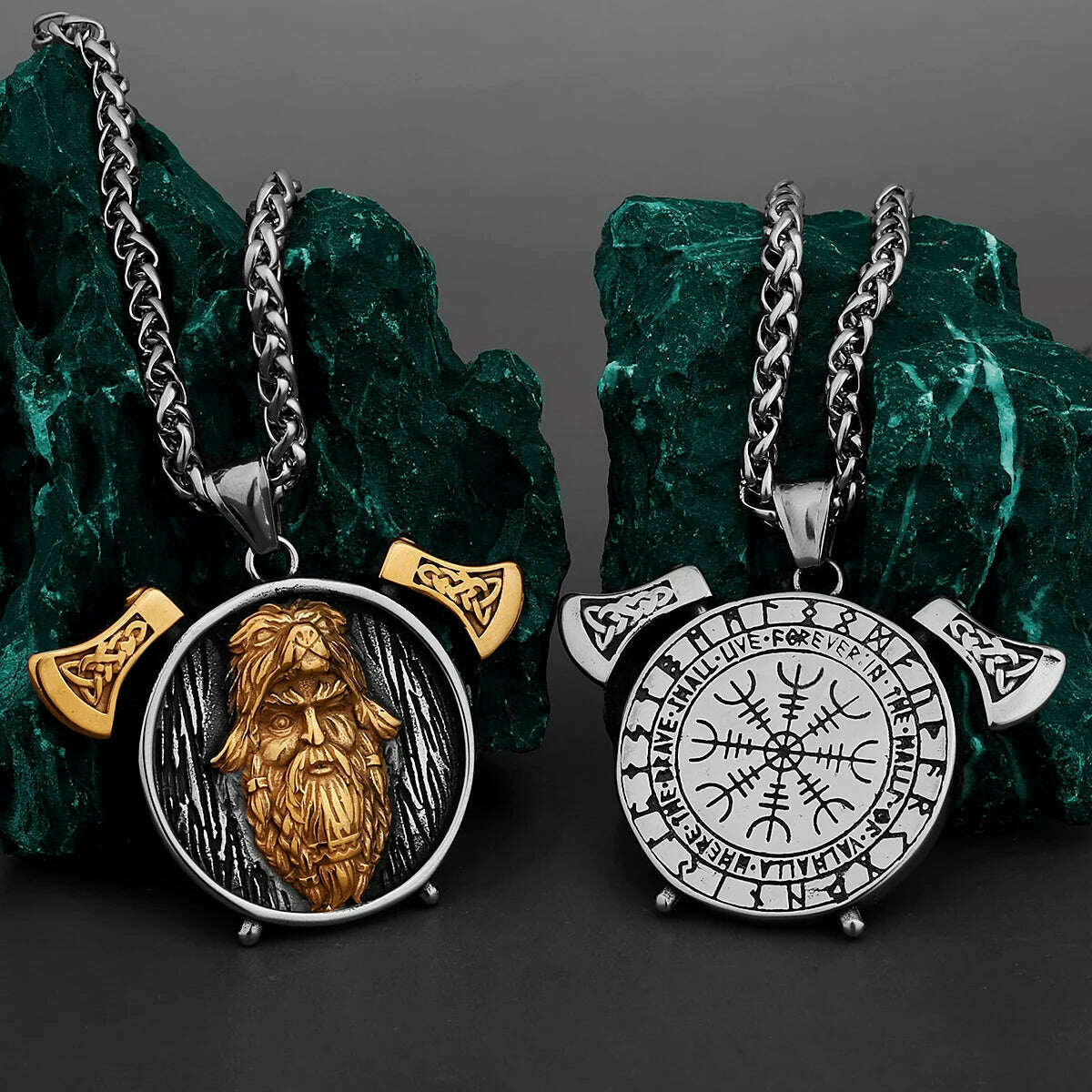 Nordic Viking Warrior Double Axe Gold Stainless Steel Pendant Men's Fashion Hip Hop Pendant Necklace Locomotive Men's Jewelry