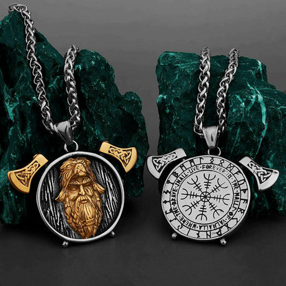 Nordic Viking Warrior Double Axe Gold Stainless Steel Pendant Men's Fashion Hip Hop Pendant Necklace Locomotive Men's Jewelry
