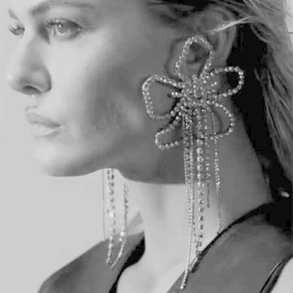 Novelly Rhinestone Geometric Large Flower Shape Stud Drop Earrings for Women Luxury Crystal Long Tassel Wedding Dangle Earrings