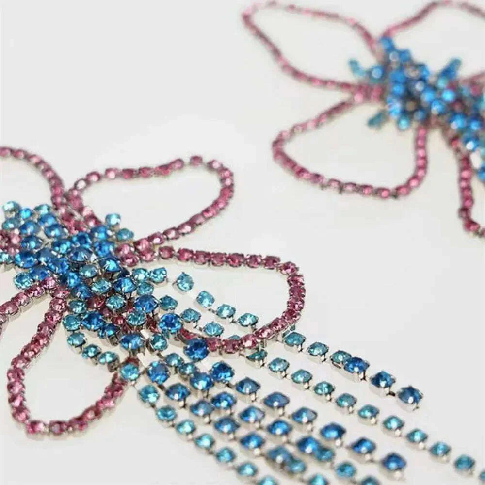 Novelly Rhinestone Geometric Large Flower Shape Stud Drop Earrings for Women Luxury Crystal Long Tassel Wedding Dangle Earrings