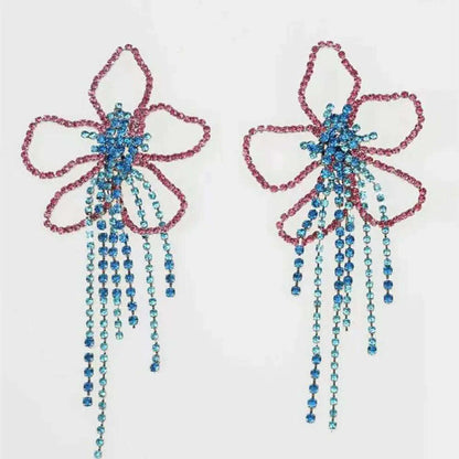 Novelly Rhinestone Geometric Large Flower Shape Stud Drop Earrings for Women Luxury Crystal Long Tassel Wedding Dangle Earrings