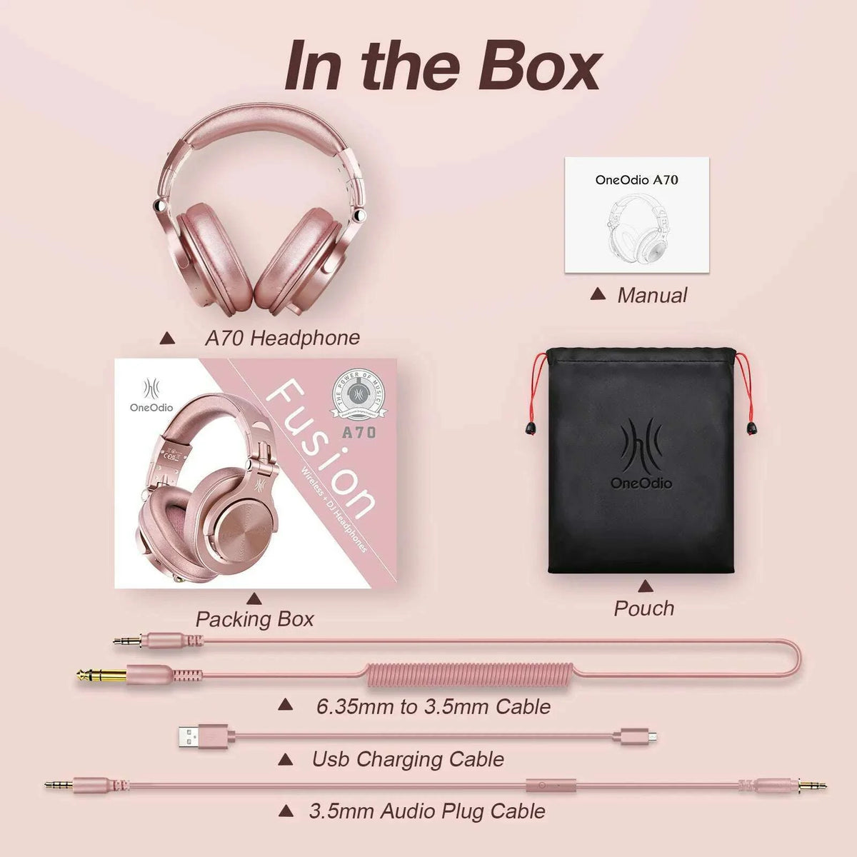 Oneodio A70 Wireless Headphones Sport Bluetooth 5.2 Earphone Over Ear Handsfree Headset With Microphone For Phone Rose Gold