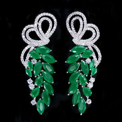 Pera Fashion Silver Color Ear Jewelry Hanging Leaf Shape Green CZ Stone Long Symmetrical Drop Earrings for Women Party Gift E164
