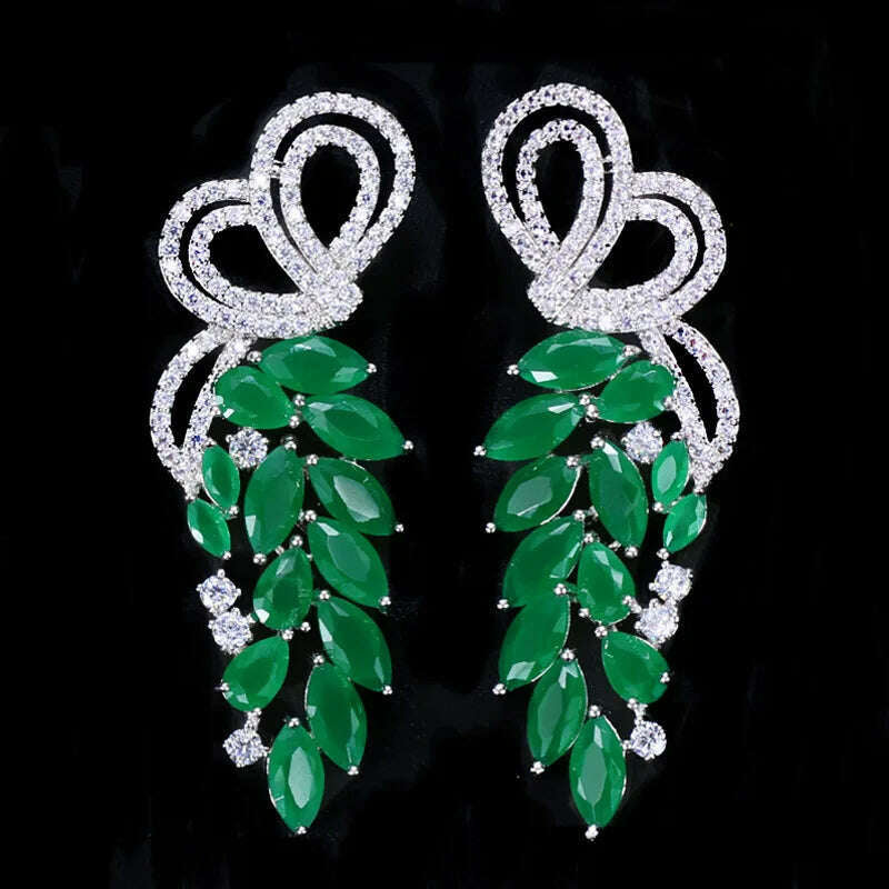 Pera Fashion Silver Color Ear Jewelry Hanging Leaf Shape Green CZ Stone Long Symmetrical Drop Earrings for Women Party Gift E164