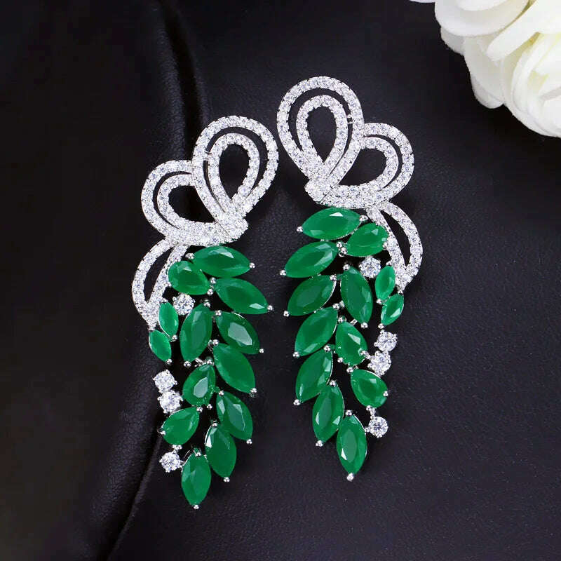 Pera Fashion Silver Color Ear Jewelry Hanging Leaf Shape Green CZ Stone Long Symmetrical Drop Earrings for Women Party Gift E164