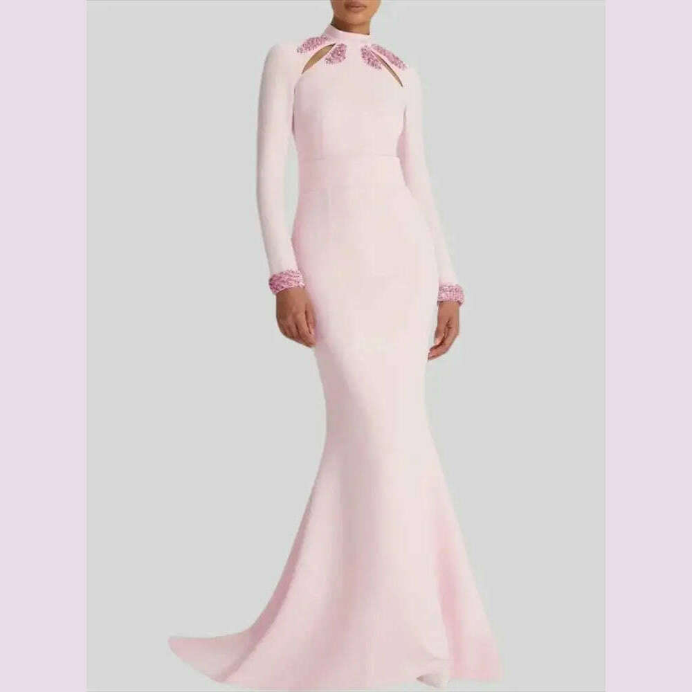 Pink High Neck Crystal Luxury Long Sleeves Mermaid Formal Evening Dress For Woman Floor Length Fashion Classy 2024 Prom Gown