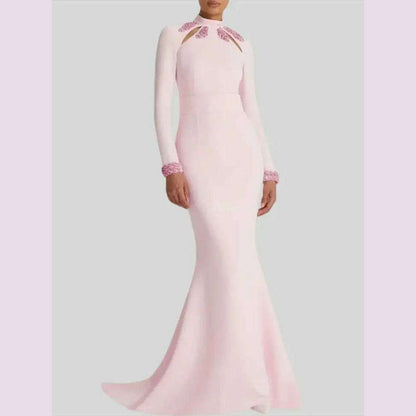 Pink High Neck Crystal Luxury Long Sleeves Mermaid Formal Evening Dress For Woman Floor Length Fashion Classy 2024 Prom Gown