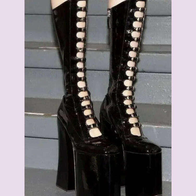 Platform Patent Leather Gothic Summer Boots 2024 New Round Toe Buckle Sexy Girl Boots Plus Size Fashion Women Thick High Heels