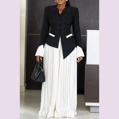 Plus Size Business Casual Black V Neck Long Sleeve Pleated Pocket Two Piece Pants Sets