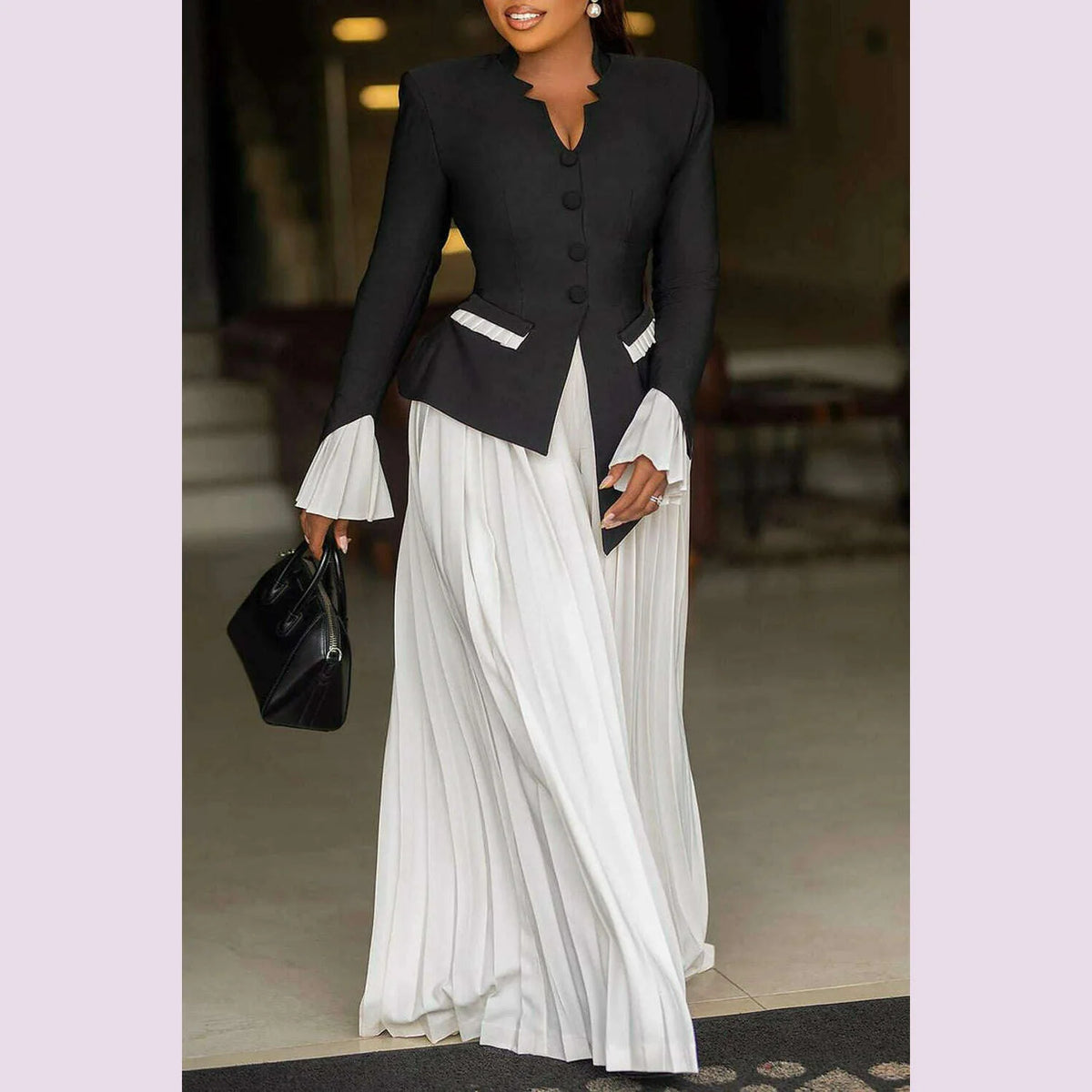 Plus Size Business Casual Black V Neck Long Sleeve Pleated Pocket Two Piece Pants Sets
