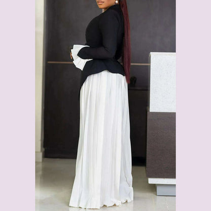 Plus Size Business Casual Black V Neck Long Sleeve Pleated Pocket Two Piece Pants Sets