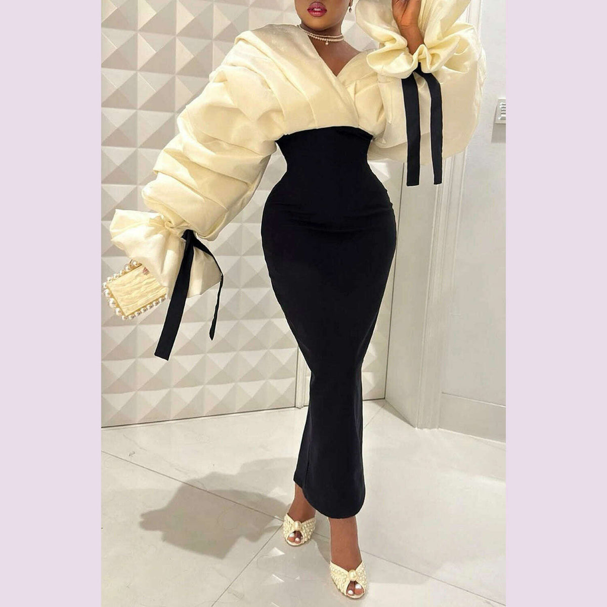 Plus Size Formal Black Wrap Neck Batwing Sleeve Long Sleeve Fold Maxi Dresses