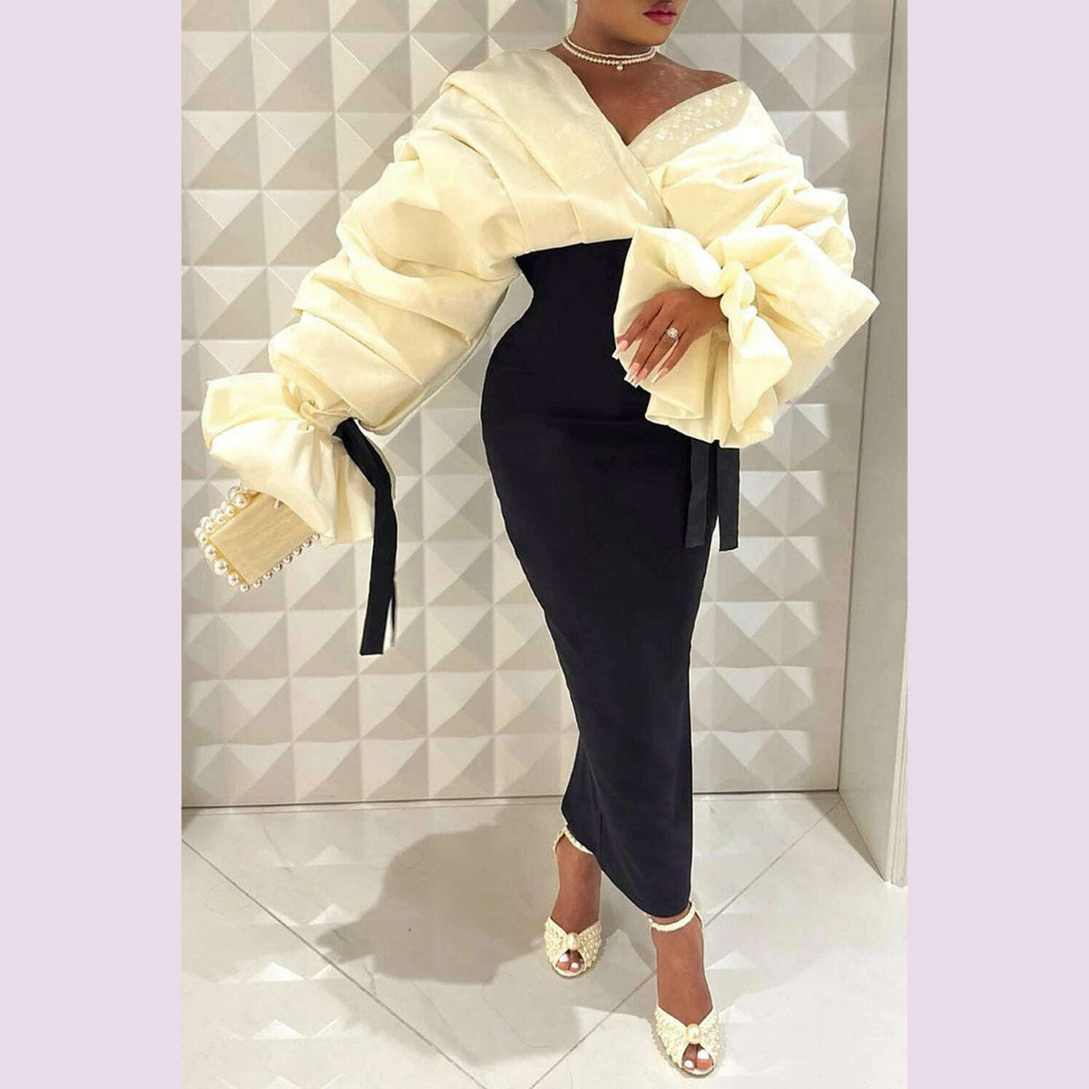 Plus Size Formal Black Wrap Neck Batwing Sleeve Long Sleeve Fold Maxi Dresses