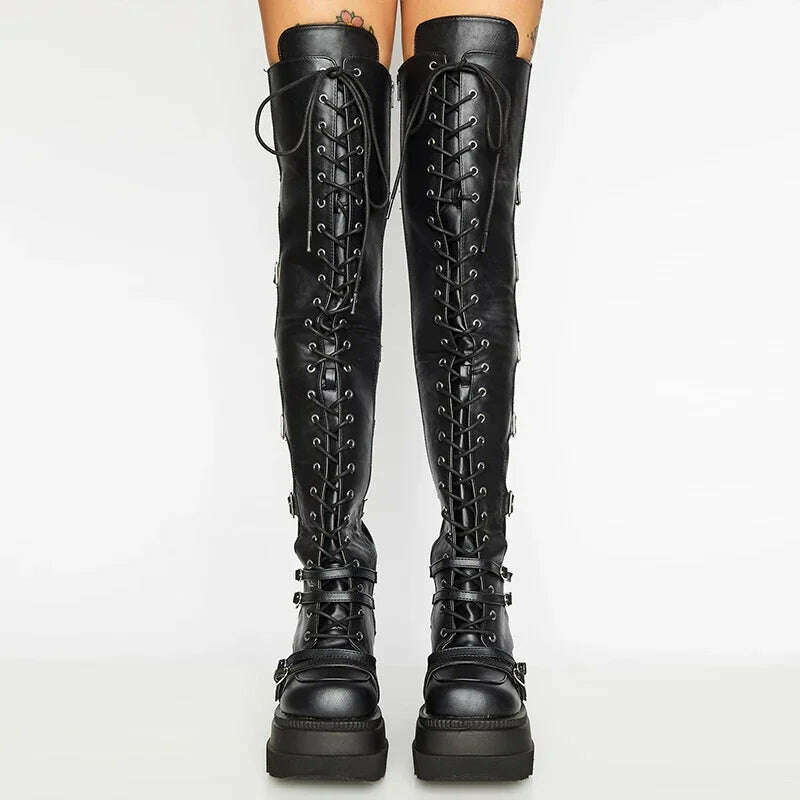 Punk Over-the-knee Boots Women Platform Heels Belt Buckle  Boot Motorcycle Goth Shoe Thigh High Flat Boots Plus Size 42 43