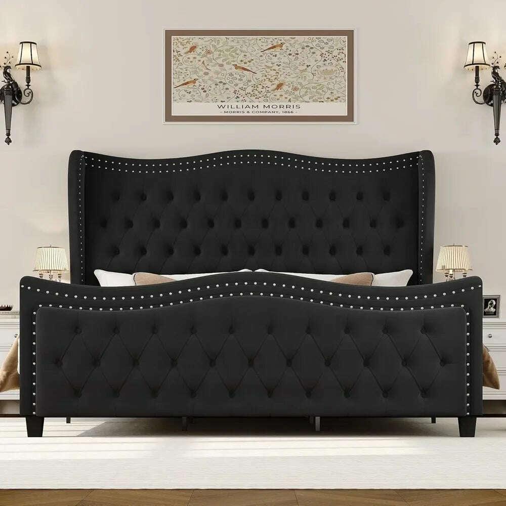 Queen Bed Frame, Velvet Handmade Pleats Deep Button Tufted Wingback Platform Bed, No Box Spring Required，Black，Bed Frames