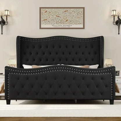 Queen Bed Frame, Velvet Handmade Pleats Deep Button Tufted Wingback Platform Bed, No Box Spring Required，Black，Bed Frames