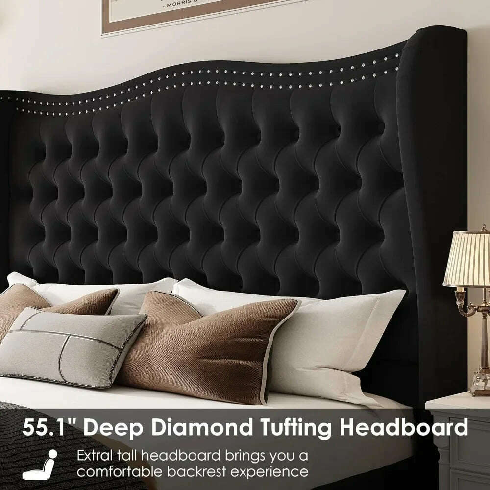 Queen Bed Frame, Velvet Handmade Pleats Deep Button Tufted Wingback Platform Bed, No Box Spring Required，Black，Bed Frames