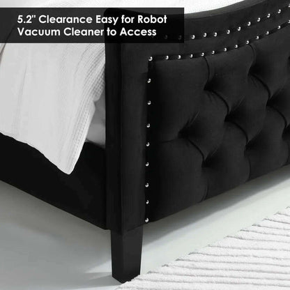 Queen Bed Frame, Velvet Handmade Pleats Deep Button Tufted Wingback Platform Bed, No Box Spring Required，Black，Bed Frames