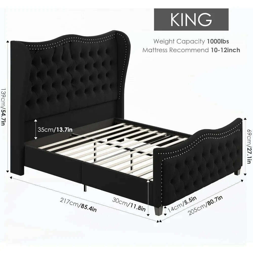 Queen Bed Frame, Velvet Handmade Pleats Deep Button Tufted Wingback Platform Bed, No Box Spring Required，Black，Bed Frames