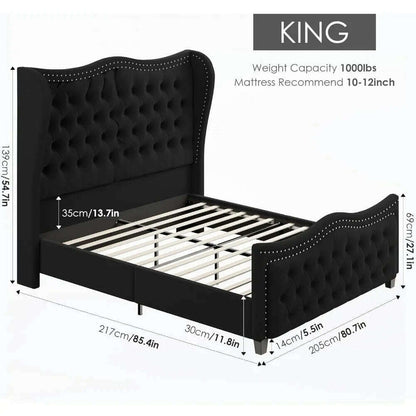 Queen Bed Frame, Velvet Handmade Pleats Deep Button Tufted Wingback Platform Bed, No Box Spring Required，Black，Bed Frames