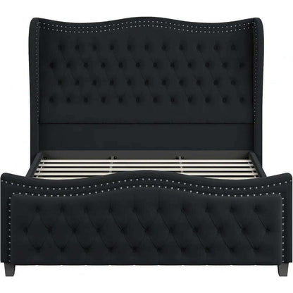 Queen Bed Frame, Velvet Handmade Pleats Deep Button Tufted Wingback Platform Bed, No Box Spring Required，Black，Bed Frames