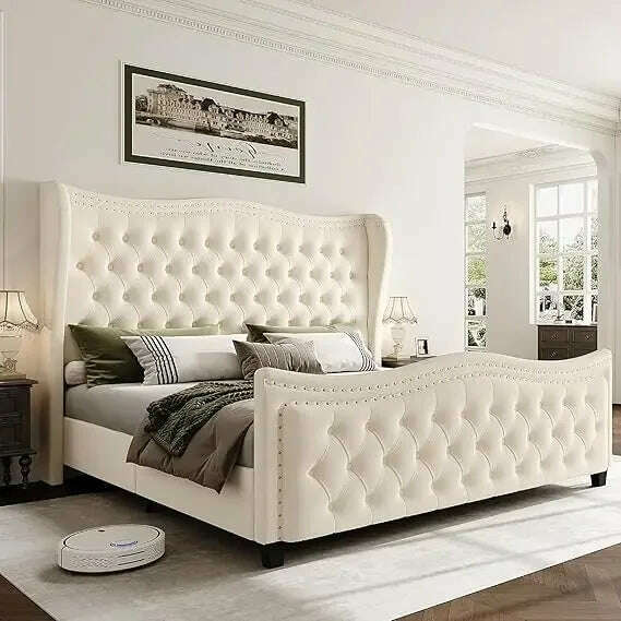 Queen Bed Frame, Velvet Handmade Pleats Deep Button Tufted Wingback Platform Bed, No Box Spring Required，Black，Bed Frames