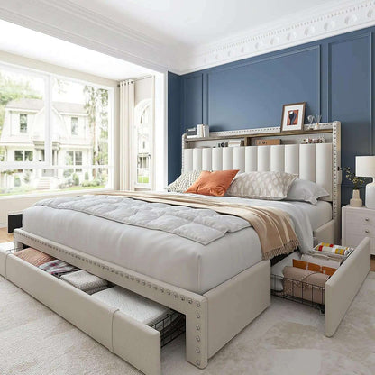 Queen Bed Frame with 3 Drawers,Bed Frame Queen Size with Upholstered Headboard and Storage,2-Tier Shelves,for Strong Support, No