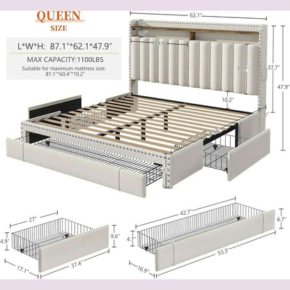 Queen Bed Frame with 3 Drawers,Bed Frame Queen Size with Upholstered Headboard and Storage,2-Tier Shelves,for Strong Support, No