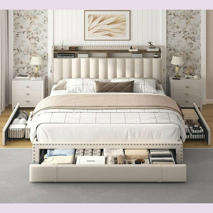 Queen Bed Frame with 3 Drawers,Bed Frame Queen Size with Upholstered Headboard and Storage,2-Tier Shelves,for Strong Support, No