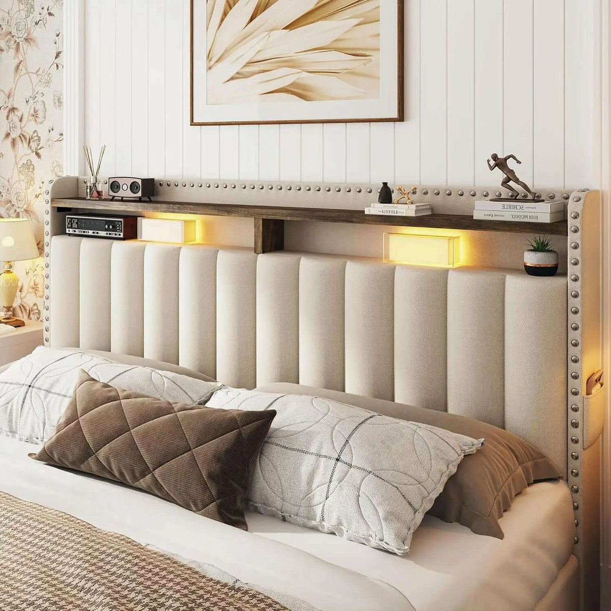Queen Bed Frame with 3 Drawers,Bed Frame Queen Size with Upholstered Headboard and Storage,2-Tier Shelves,for Strong Support, No