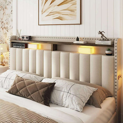 Queen Bed Frame with 3 Drawers,Bed Frame Queen Size with Upholstered Headboard and Storage,2-Tier Shelves,for Strong Support, No