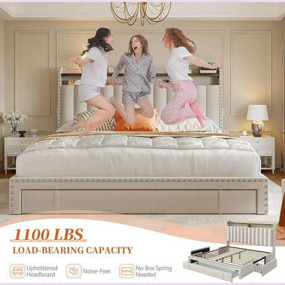 Queen Bed Frame with 3 Drawers,Bed Frame Queen Size with Upholstered Headboard and Storage,2-Tier Shelves,for Strong Support, No