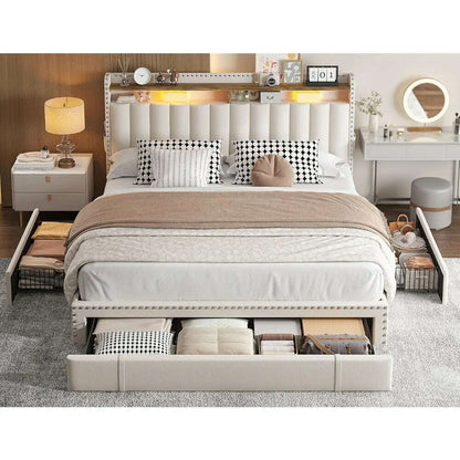 Queen Bed Frame with Headboard and 3 Large Drawers, Upholstered Platform Bed Frame Queen Size with Storage, Queen Size B