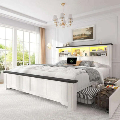 Queen Bed Frame with Headboard and Storage, Size Beds Frames with Storage Farmhouse, Built in Charging Station, Bed Frame