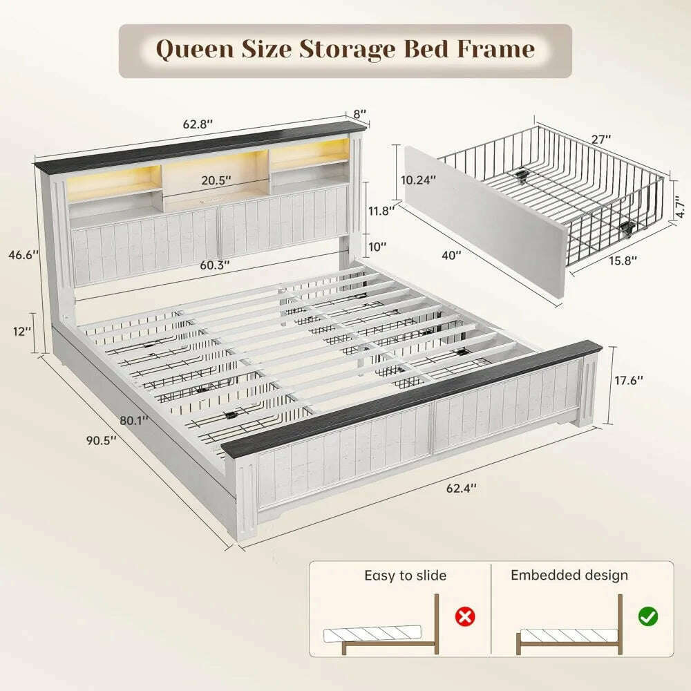 Queen Bed Frame with Headboard and Storage, Size Beds Frames with Storage Farmhouse, Built in Charging Station, Bed Frame