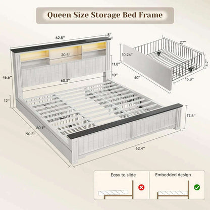 Queen Bed Frame with Headboard and Storage, Size Beds Frames with Storage Farmhouse, Built in Charging Station, Bed Frame