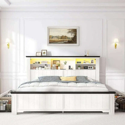 Queen Bed Frame with Headboard and Storage, Size Beds Frames with Storage Farmhouse, Built in Charging Station, Bed Frame