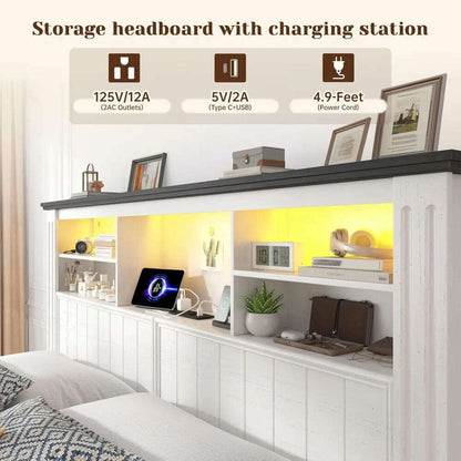 Queen Bed Frame with Headboard and Storage, Size Beds Frames with Storage Farmhouse, Built in Charging Station, Bed Frame
