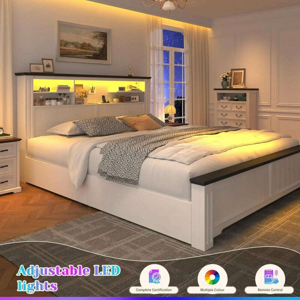Queen Bed Frame with Headboard and Storage, Size Beds Frames with Storage Farmhouse, Built in Charging Station, Bed Frame