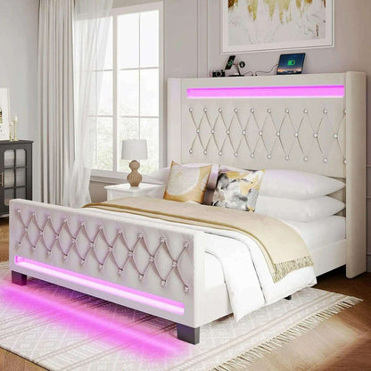 Queen Bed Frame with LED Light and Charging Station, Upholstered High Headboard and Footboard, Wood Slats, Noise Free