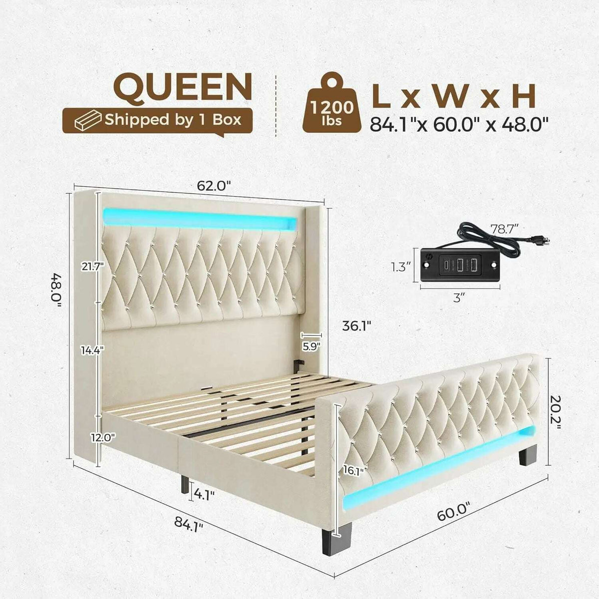 Queen Bed Frame with LED Light and Charging Station, Upholstered High Headboard and Footboard, Wood Slats, Noise Free