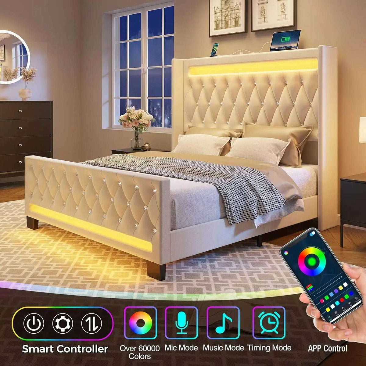 Queen Bed Frame with LED Light and Charging Station, Upholstered High Headboard and Footboard, Wood Slats, Noise Free