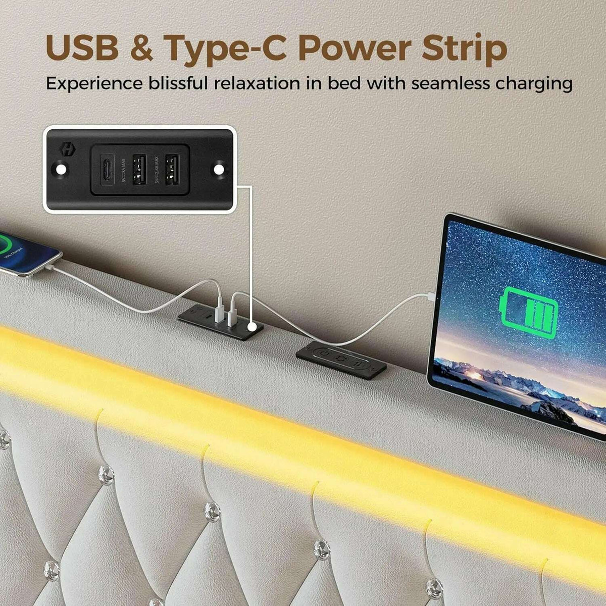 Queen Bed Frame with LED Light and Charging Station, Upholstered High Headboard and Footboard, Wood Slats, Noise Free