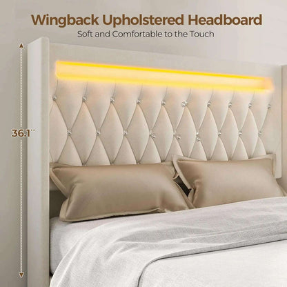 Queen Bed Frame with LED Light and Charging Station, Upholstered High Headboard and Footboard, Wood Slats, Noise Free
